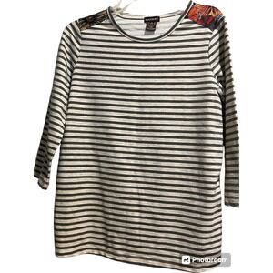 Multiples Top Women's S 3/4 Sleeve Stripe Green/Cream Floral Back Round Neck